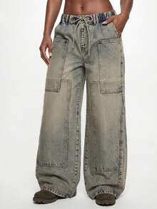ROMWE Quần jeans ống loe dáng rộng, phong cách vintage, rách nhẹ, thích hợp cho nữ, mùa xuân/hè. - Màu xanh lam - Xem 1