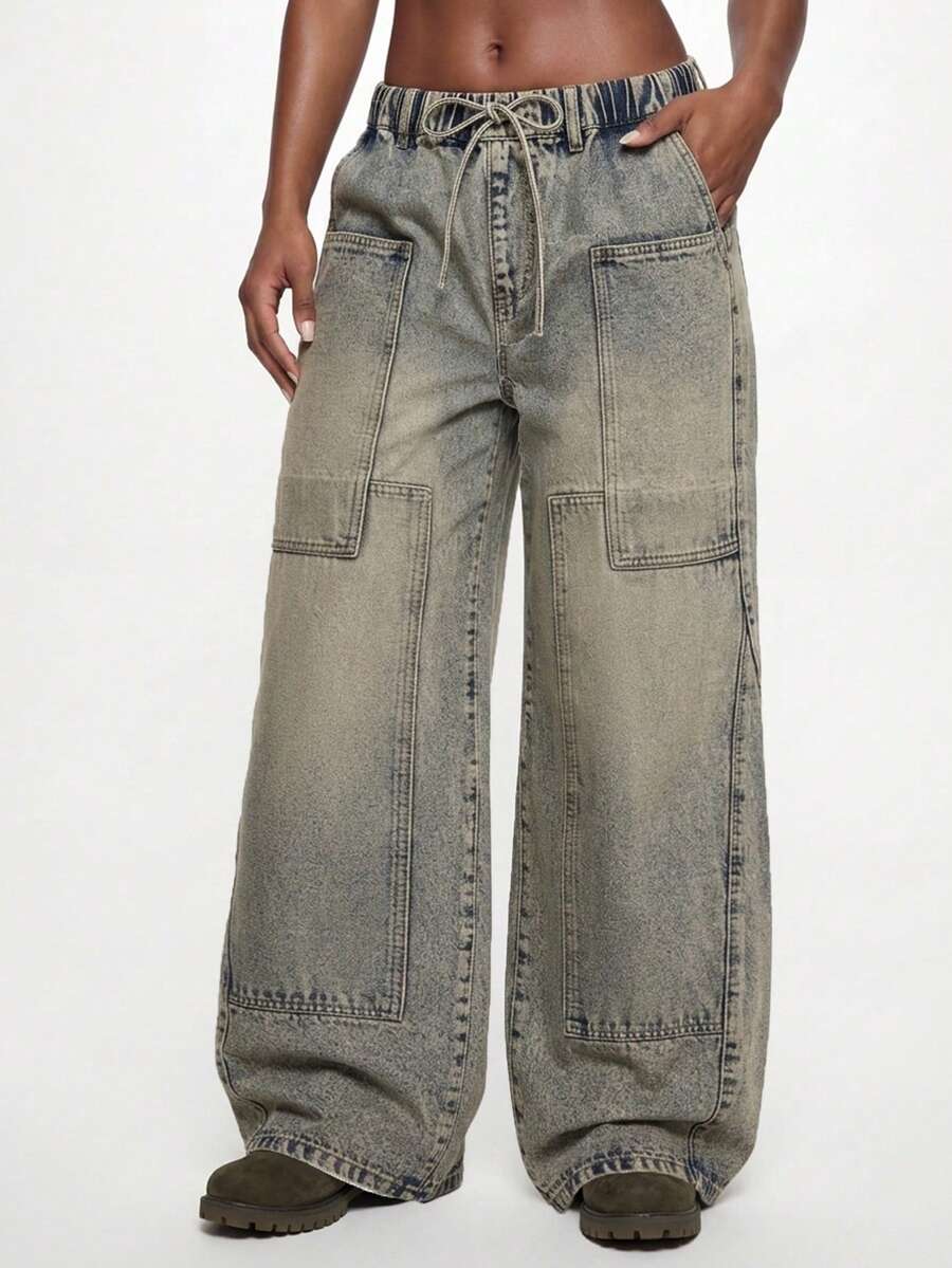 ROMWE Quần jeans ống loe dáng rộng, phong cách vintage, rách nhẹ, thích hợp cho nữ, mùa xuân/hè. - Màu xanh lam - Xem 1