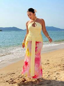Sunnyshic Plus Size Women Brown Floral Summer Boho Vacation Holiday Soft Halter Hollow-Out Top High-Waist Wide-Leg Pants Set Matching Ribbon Decor Gym - Multicolor - View 4