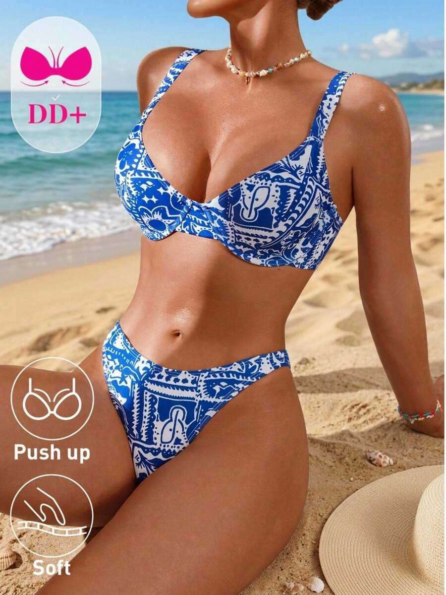 Voyashape Bộ bikini 26SS dành cho nữ, thanh lịch, lãng mạn, gợi cảm, in họa tiết, nâng ngực có gọng, mút đệm rời, thích hợp cho kỳ nghỉ biển, đi biển, dã ngoại trà chiều, tiệc tùng. - Màu xanh lam - Xem 1