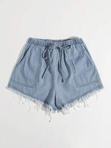 Shorts bajo crudo con bolsillo con parche de cintura con nudo - Lavado ligero - Ver 4