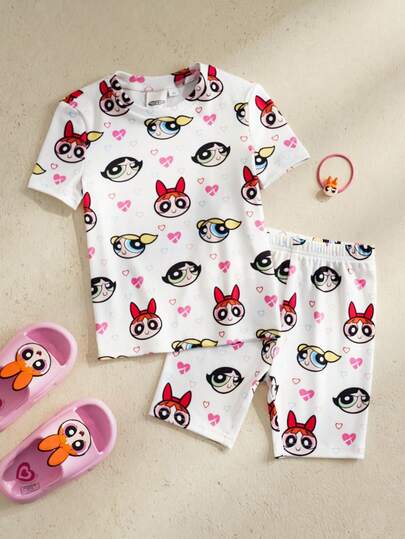 THE POWERPUFF GIRLS X SHEIN 女童爱心印花圆领短袖上衣和紧身短裤睡衣套装