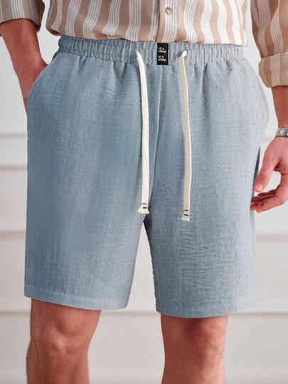 Core Aspect Men's Casual Apricot Cotton Linen Applique Drawstring Waist Shorts