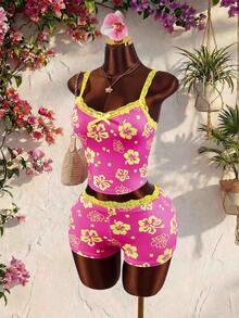 Amplova Ensemble 2 pièces de camisole et mini-short avec patchwork de dentelle et nœud décoratif, de couleurs contrastées - Rose bonbon - Voir 3