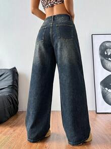Coolane Quần jeans nữ ống rộng rách gối với túi xéo - Rửa tối - Xem 2