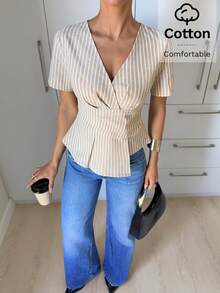 Siren Gaze Verano,Estilo Francés Elegante,Blusa de Lujo con Cuello en V y Volantes para Brunch Chic para Mujeres,Top de Manga Corta Ajustado y Cómodo para Oficina y Trabajo - Multicolor - Ver 7