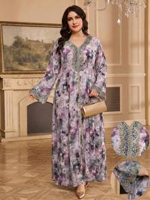 Al Najma Plus Size Women Floral Print V-Neck Elegant Long Sleeve Turkish Maxi Dress - Purple - View 6