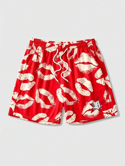 ROMWE MEN Street Life Valentine/Love/Couples/Heart/XOXO/Kisses/Hugs And Kisses/Be Mine/Babe/Baby/Kiss/Lip/Heart/Cupid/Angel/Rose/Smile/Butterfly/Cherry/Strawberry/3D Rose/Flower/Bow Print Mesh Shorts For Men, Spring/Summer