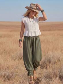 Wildy Quần lửng 3/4 kiểu Bohemian mùa hè, phong cách đồng quê, màu xanh lá cây, chất liệu cotton, cạp chun, phối ren, màu xanh lá cây. - màu xanh lá - Xem 8