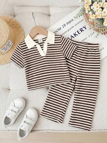 SHEIN Baby Girl Summer Casual Striped Floral Decor Short Sleeve Polo Shirt And Trousers Set Brown Outfit Outfits Sets Flower 2 Pieces Clothes Matching - Brown - View 5