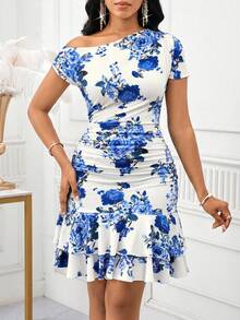 Lady Vestido elegante con estampado floral, drapeado y bajo asimétrico para mujer - Multicolor 4 - Ver 6