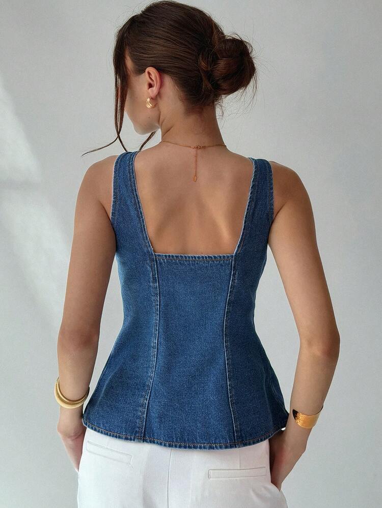 Women's Solid Color Fitted Waist Split Square Neck Casual Vacation Denim Vest Top