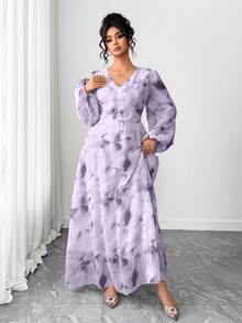 Celure Plus Size Women's Light Purple Print V-Neck Long Sleeve Dress, Elegant For Dates Wedding And Outings Autumn - Purple - View 3