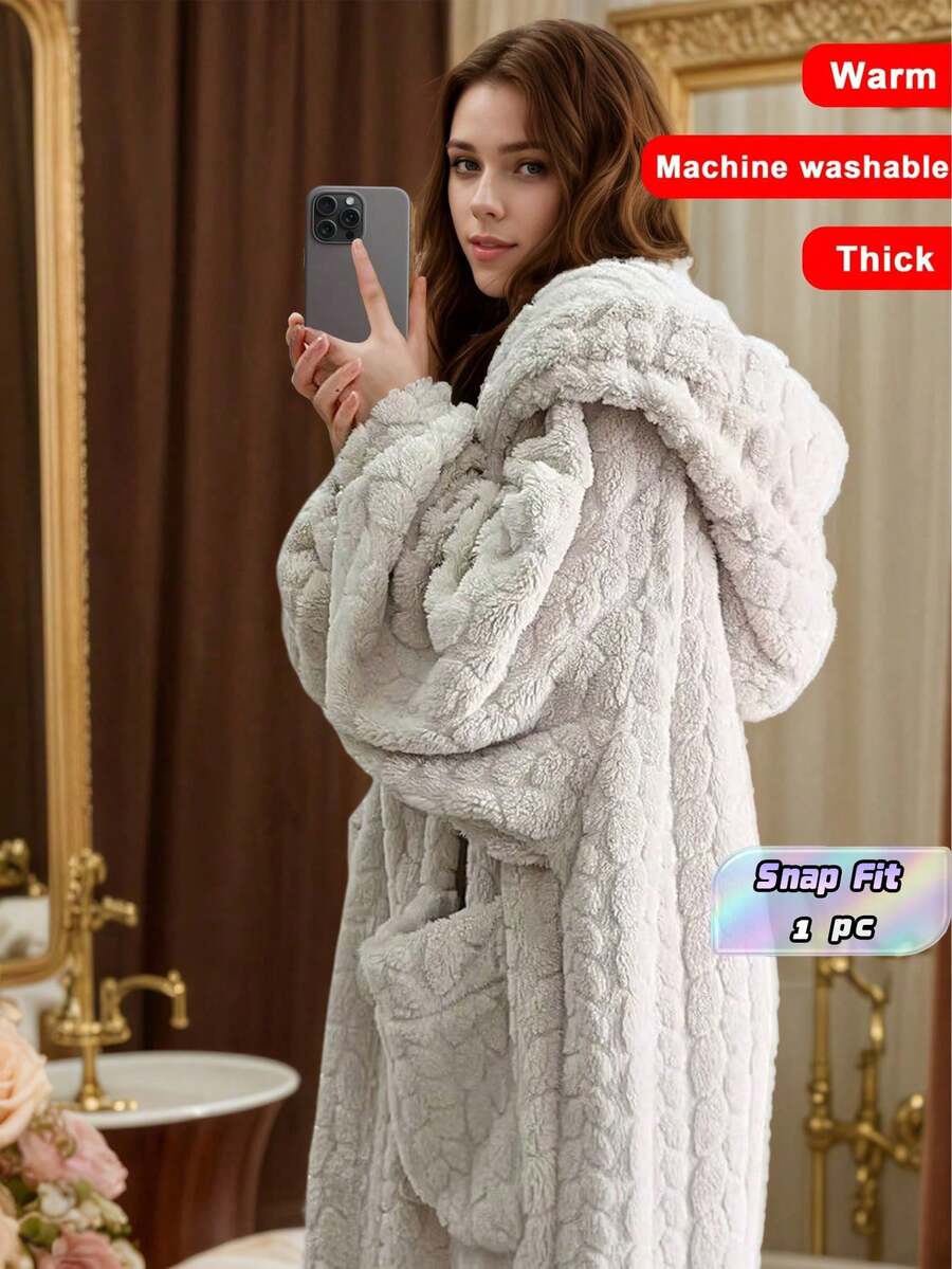 1 pieza de camisón con capucha de felpa coral cómodo para mujer - un atuendo cálido y suave para el hogar con bolsillos, lavable a máquina - decoración cálida para el hogar en otoño e invierno - Multicolor - Ver 1