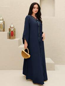 Yasmyna Đầm maxi Thổ Nhĩ Kỳ dành cho nữ, Áo choàng dài truyền thống Ả Rập. - Màu xanh hải quân - Xem 3