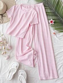 SHEIN 儿童/少女粉色条纹圆领短袖修身T恤及配套休闲裤套装，春夏百搭 - 粉色 - 查看 1