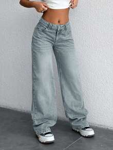 Low Waist Straight Cut Jeans Suitable For Daily Use - Light Wash - View 7
