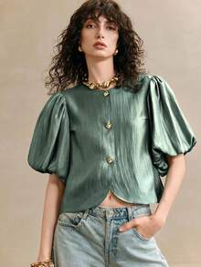 Arave Women's Sage Green Elegant Summer Brunch Silk Round Collar Lantern Sleeve Hardware Buckle Cardigan Casual Urban Solid Short-Sleeved Woven Shirt Top - Green - View 4
