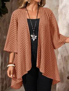 EMERY ROSE Plus Size Women Summer Vacation Open Front Cutout Loose Jacket - Rust Brown - View 1