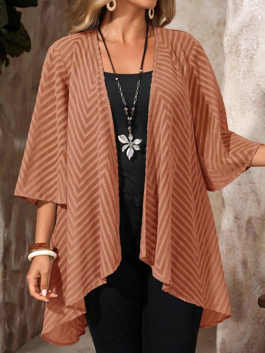 EMERY ROSE Plus Size Women Summer Vacation Open Front Cutout Loose Jacket - Rust Brown - View 1
