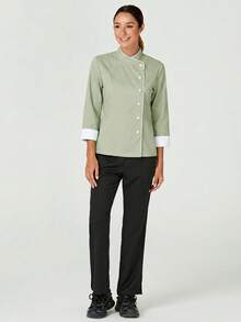 TaskEZ Women's Contrast Color Button-Up Collar Long Sleeve Work Uniform Chef Jacket In 3- 4th Sleeve For Women - Mint Green - View 4