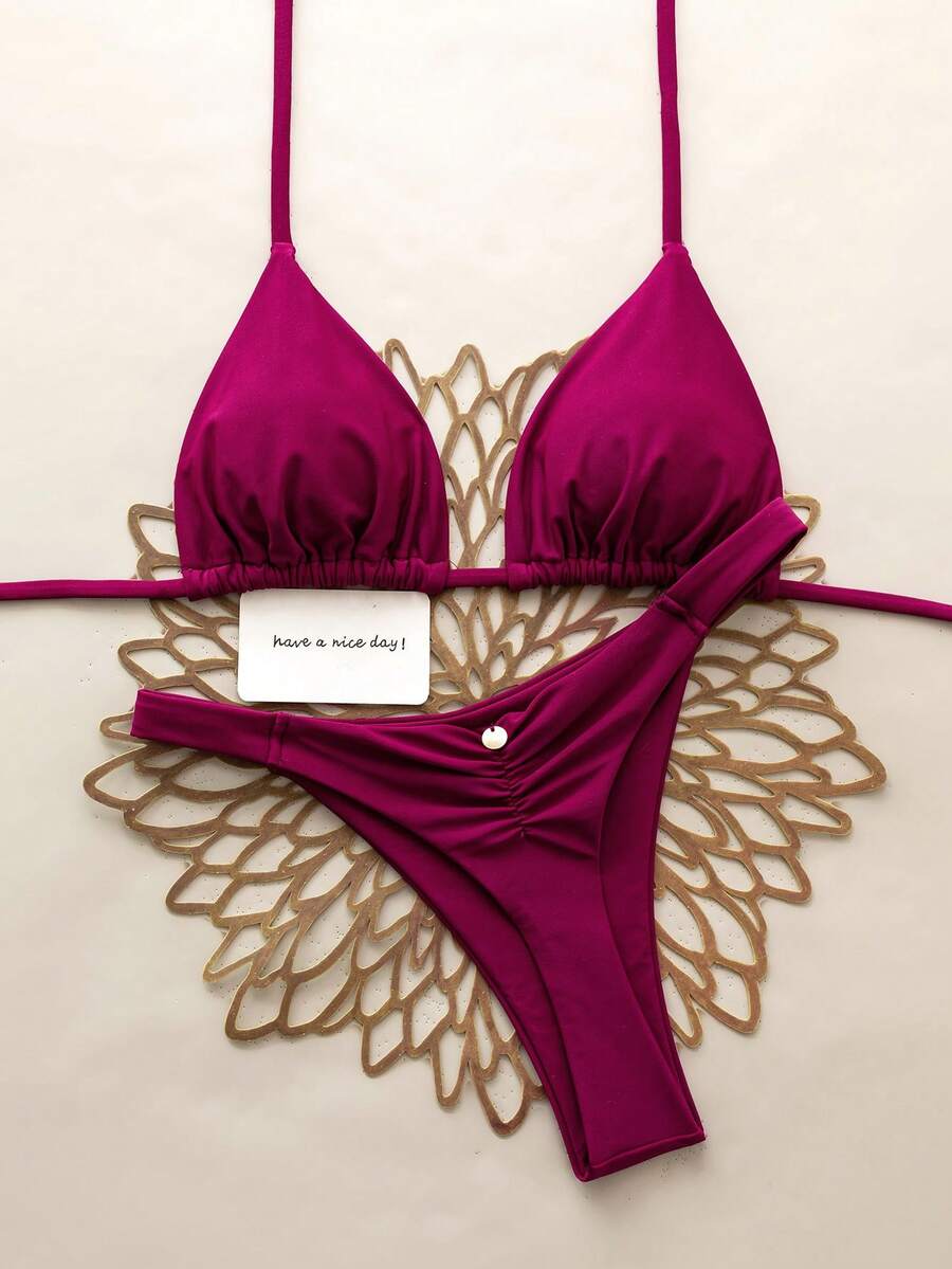 Swim Vcay 2 chiếc/Bộ Bikini áo cúp tam giác dây đeo cổ cho kỳ nghỉ bãi biển, Xuân/Hè - Màu Đỏ Sâu - Xem 1