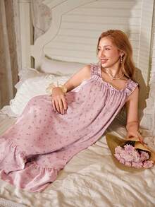 CottageSlumber Romantic Ditsy Ditsy Floral Frill Trim Spaghetti Strap Long Nightgown - Pink - View 5