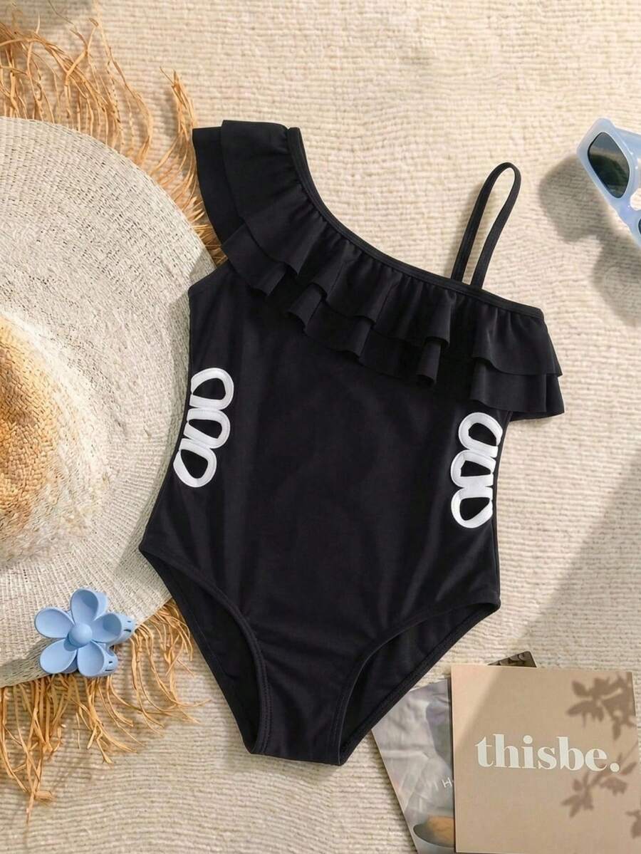 SHEIN Young Girl Solid Color Ruffle Asymmetric Neckline One-Piece Swimsuit