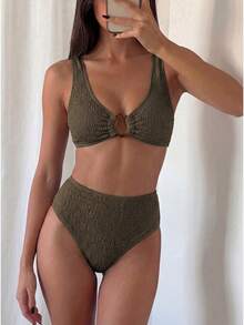 Swim Vcay 夏季海灘女性環狀紋理比基尼套裝 - 咖啡棕 - 查看 1