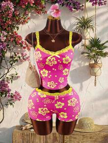 Amplova Ensemble 2 pièces de camisole et mini-short avec patchwork de dentelle et nœud décoratif, de couleurs contrastées - Rose bonbon - Voir 7