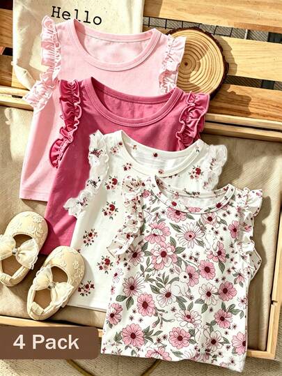 SHEIN Vintaside Kids Baby Sleeveless T-Shirt With Ruffle Sleeve, 4 Colors Available, Solid Color & Cute Print, Comfortable Summer Top For Infants