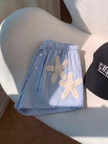 Franclia Quần short kẻ sọc mới cho nữ mùa xuân/hè, cạp thấp thắt nơ, họa tiết sao biển, kiểu dáng thanh lịch, thường ngày, lãng mạn. - Màu xanh nhạt - Xem 5