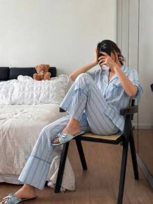 Napfluff Striped Print Lapel Contrast Color Casual Homewear Short Sleeve Top And Pants Set For Women - Blue - View 5