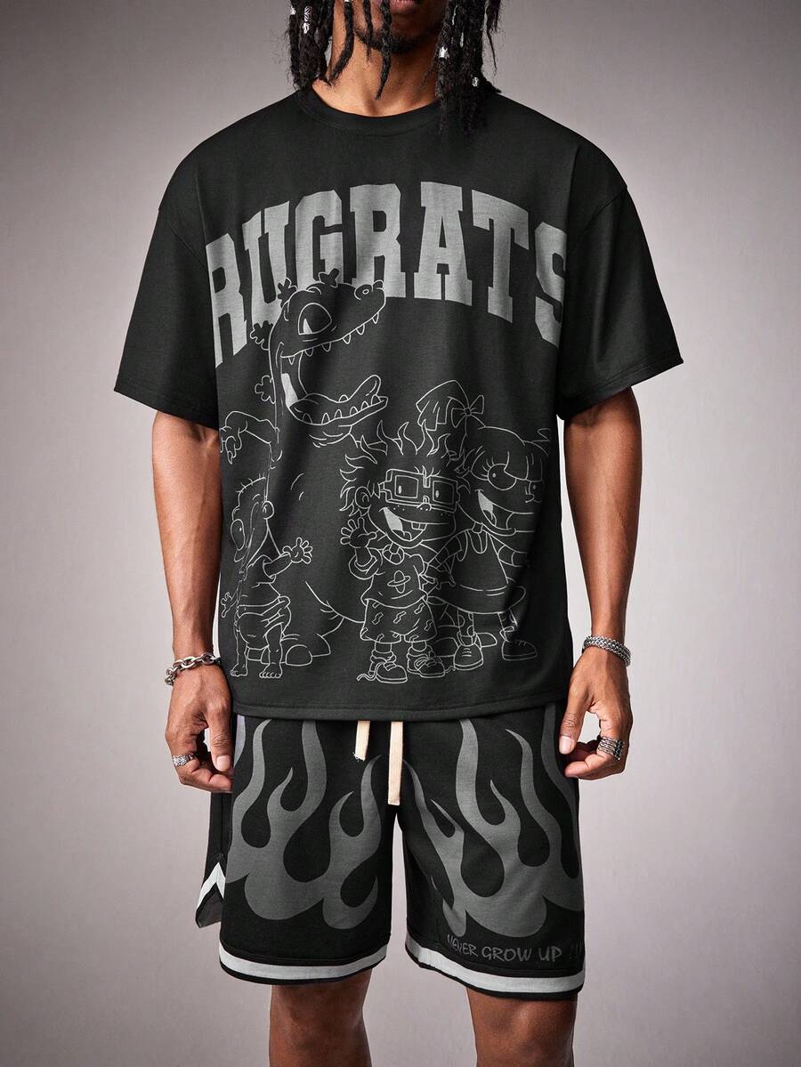 Nick 90s | SHEIN Men's Cartoon Dinosaur Print Short Sleeve T-Shirt And Shorts Set, Nick 90s - Black - View 1
