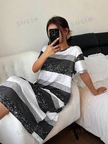 SHEIN 女士休闲条纹短袖睡裙，圆领，夏季，宽松睡衣 - 黑與白 - 查看 5