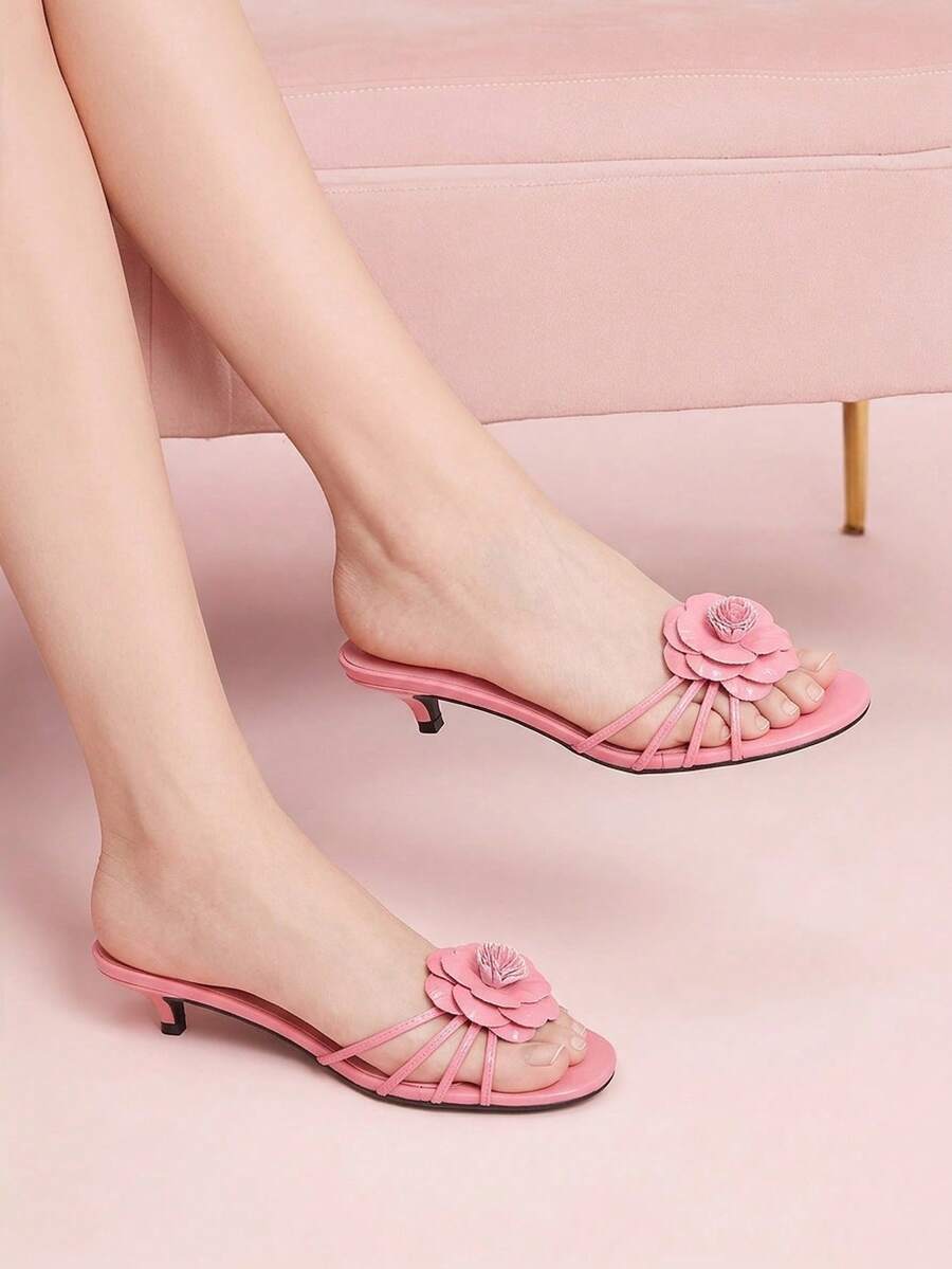 CUCCOO DOLLMOD French Style Elegant Commuter Comfortable Versatile Short Heel Round Toe Decal Kitten And Lady Open Toe Slippers Summer Shoes - Coral Pink - View 1