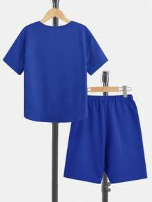 SHEIN Tween Boys Printed Short Sleeve T-Shirt & Shorts 2 Pieces Set - Royal Blue - View 2
