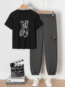 Vacaura 2pcs Teenager Spring/Summer Round Neck Casual Printed T-Shirt & Drawstring Pants Set, Suitable For Daily, Commuting, Outdoor Wear - Grey - View 3