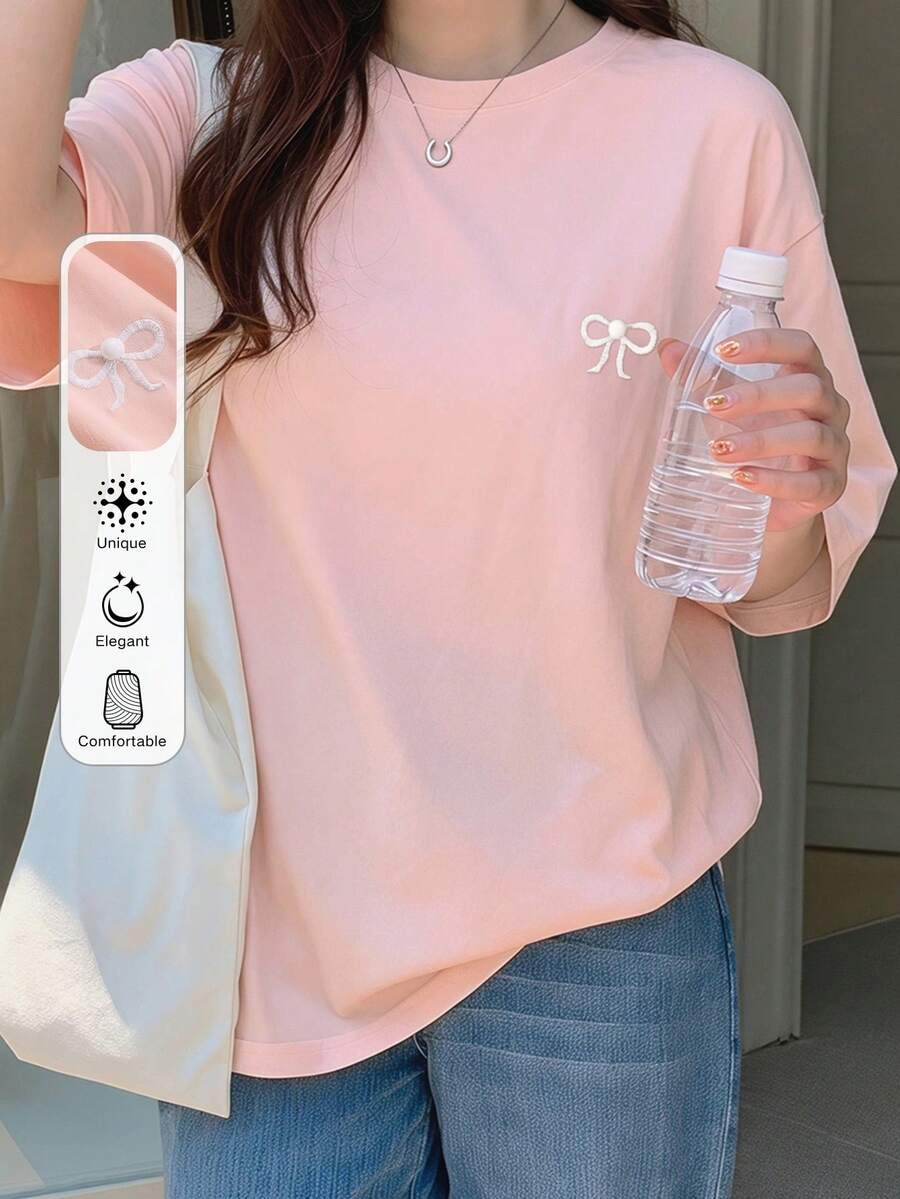 DAZY 女款夏季蝴蝶結刺繡寬鬆短袖圓領T恤 - 粉色 - 查看 1