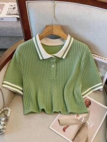 GlowEve CURVE 大尺碼熱銷撞色 Polo 領休閒夏季針織 T-shirt - 綠色 - 查看 1