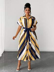 Maweii Plus Size Women Summer Bowknot Decor Pink & White Striped Dress - Royal Blue - View 5