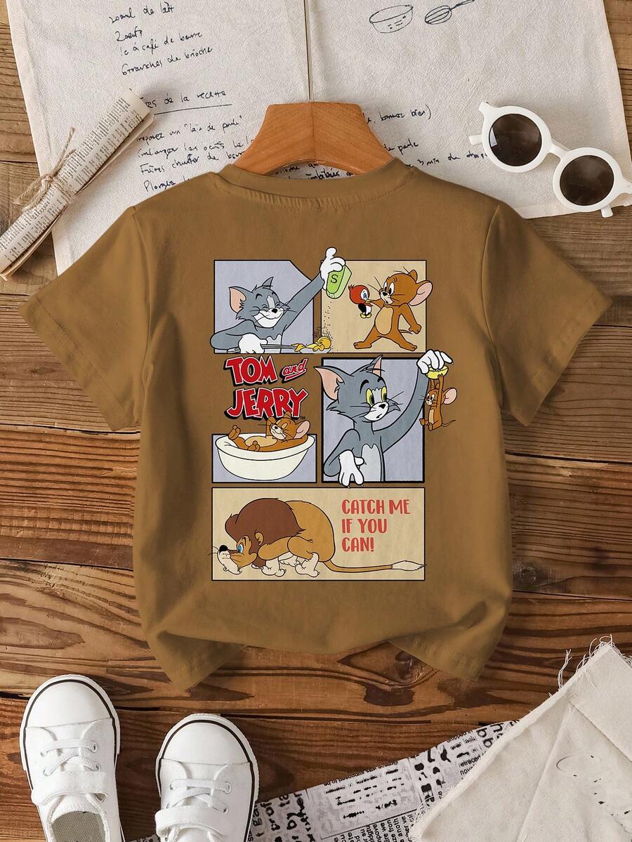 TOM & JERRY X SHEIN 男童卡通图案字母印花圆领短袖T恤 - 白色 - 查看 1