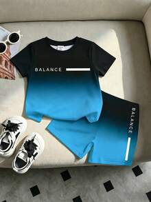 2pcs Baby Boy Casual Set, Gradient Logo Print Round Neck Tank Top Paired With Logo Print Shorts, Suitable For Outings In Summer - Multicolor - View 4