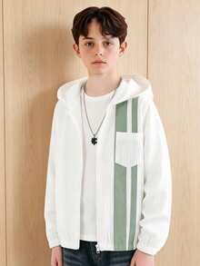 SHEIN Tween Boy Textured Striped Contrast Pocket Zip Front Long Sleeve Jacket - White - View 5