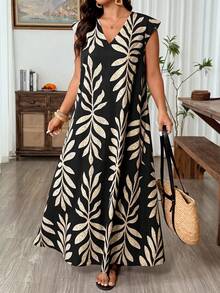 Weeklong Plus Size Vintage Tropical Long Flare Sleeve Dress, Spring/Summer Vacation Black - Multicolor - View 10