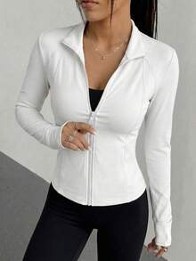 Sudadera deportiva ajustada cierre frontal manga larga cuello alto - Blanco - Ver 1