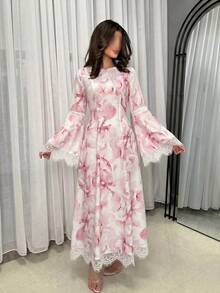 Yasmyna Abito lungo a maniche lunghe con stampa digitale intrecciata rosa, con bordo in pizzo bianco, silhouette a vita stretta e linea ad A, elegante stile romantico arabo, adatto per primavera/estate - Rosa - Visualizzare 6