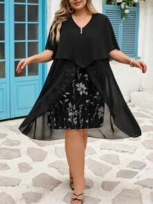 SHEIN CURVE+ Đầm giả hai mảnh cỡ lớn dành cho nữ, kiểu dáng thanh lịch, phù hợp để đi làm hoặc đi chơi. - Đen và trắng - Xem 5