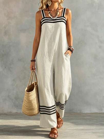 Balvessa Women's Khaki Striped Patchwork Loose Casual Jumpsuit, Oversized And Comfortable, With Pockets, Suitable For Women's Vacation Casual Jumpsuit