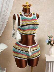 Swim Vcay Set de 2 piezas: Top de tirantes corto de malla a rayas colorida de verano + Pantalones cortos a rayas de colores saturados, Bikini Cover Up - Multicolor - Ver 7